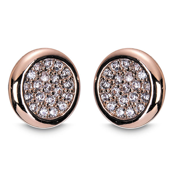 A pair of rose gold round earrings encrusted with diamante stones, presented against a white background.