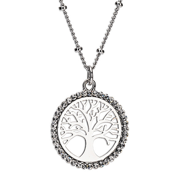 A silver tree of life pendant with a chain, encrusted with small crystals or gems, presented against a white background.