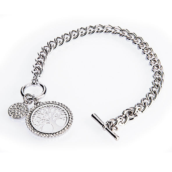 Silver bracelet with tree of life charm on a white background