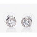 A pair of silver earrings featuring white stones and diamante accents, presented against a white background.