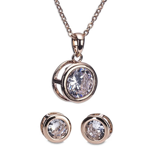 A rose gold interlocking diamante rings necklace with a large white stone pendant, accompanied by a pair of matching earrings.