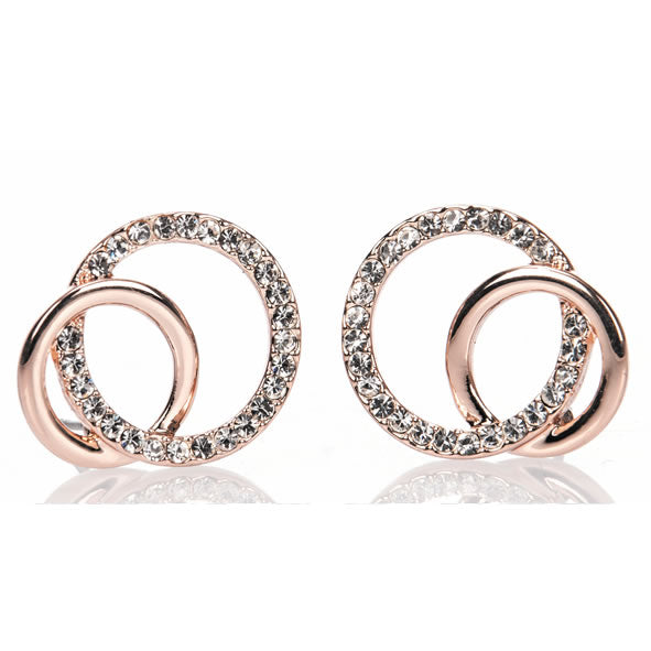 A pair of rose gold diamante loop earrings with a double-loop design and sparkling diamonds.