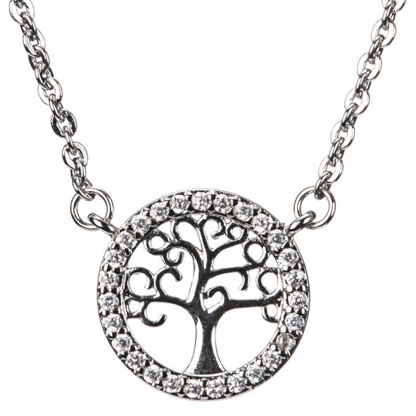 A silver pendant necklace featuring a Tree of Life design, encircled by small sparkling stones, presented on a chain.