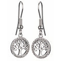 A pair of silver hoop earrings featuring a tree of life design, adorned with small crystals.