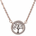 A rose gold Tree of Life pendant with a chain, adorned with sparkling stones in the center.