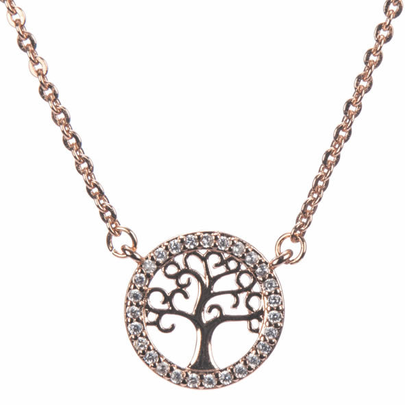 A rose gold Tree of Life pendant with a chain, adorned with sparkling stones in the center.
