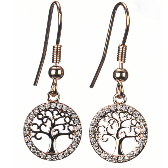 A pair of rose gold-colored Tree of Life earrings with intricate detailing and small clear stones around the edge.