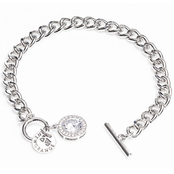 A silver bracelet with white stones and a diamante charm, featuring a toggle clasp, presented against a white background.
