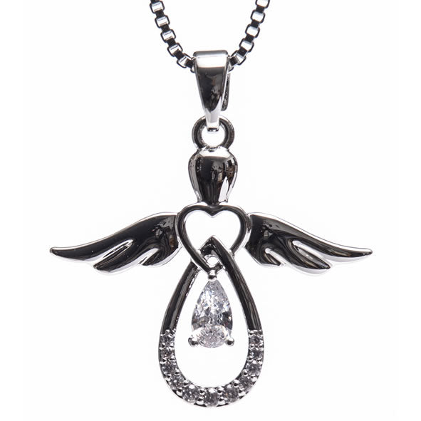 A silver guardian angel pendant featuring an interlocking diamond ring with a central stone, suspended from a chain.