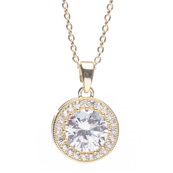 A gold necklace with a large white stone pendant in a circular design, surrounded by smaller clear stones, presented against a white background.