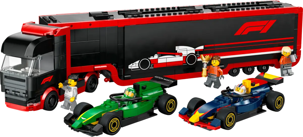 LEGO F1 Truck with RB20 & AMR24 – City Race Car Set