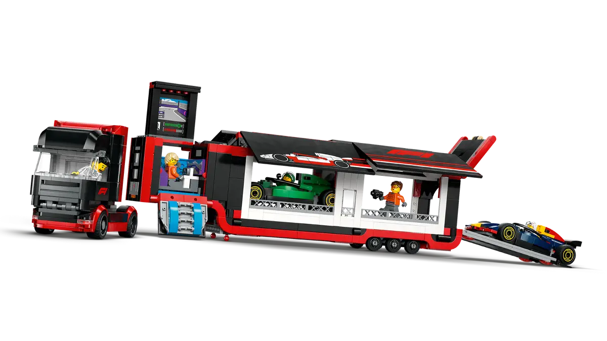 LEGO F1 Truck with RB20 & AMR24 – City Race Car Set