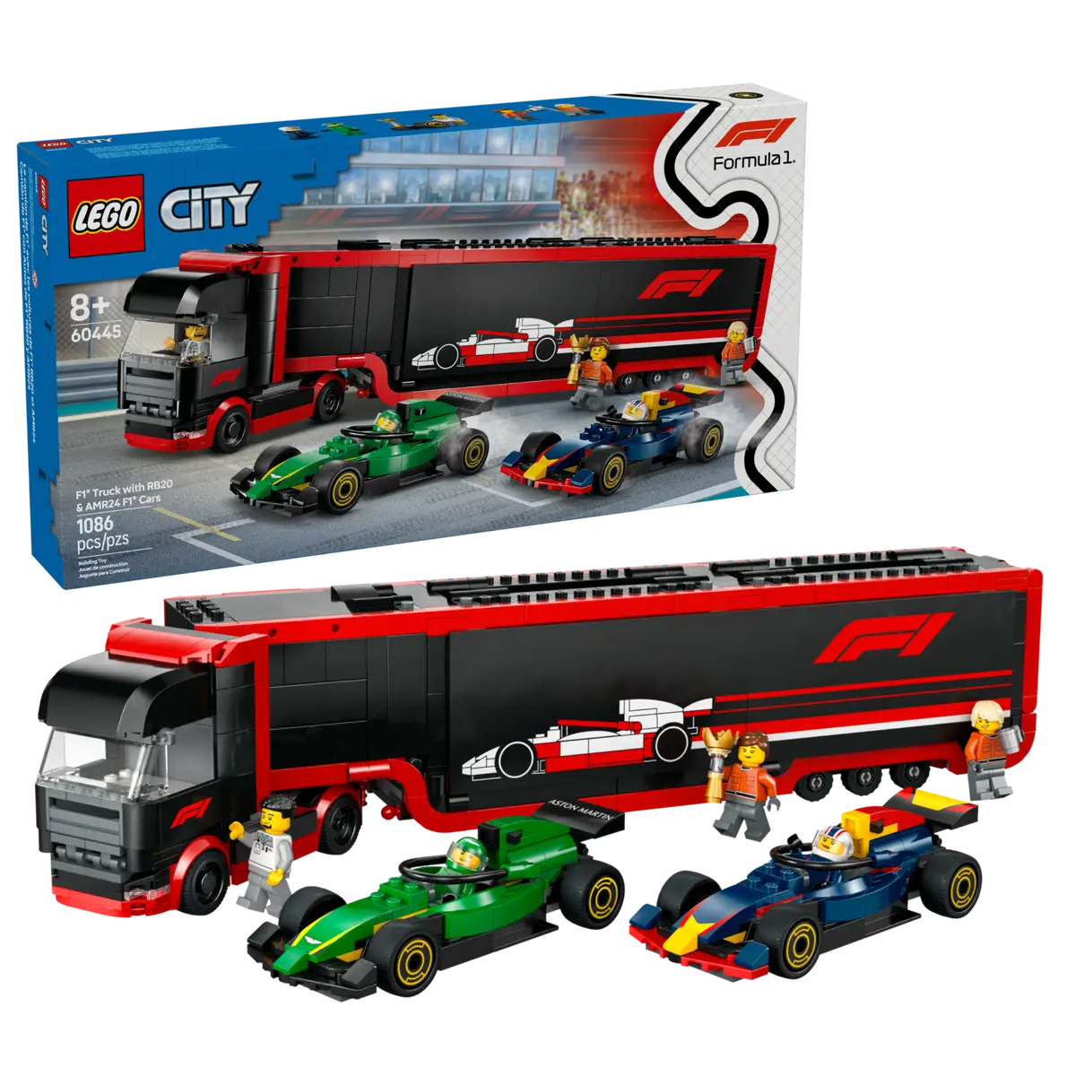 LEGO F1 Truck with RB20 & AMR24 – City Race Car Set