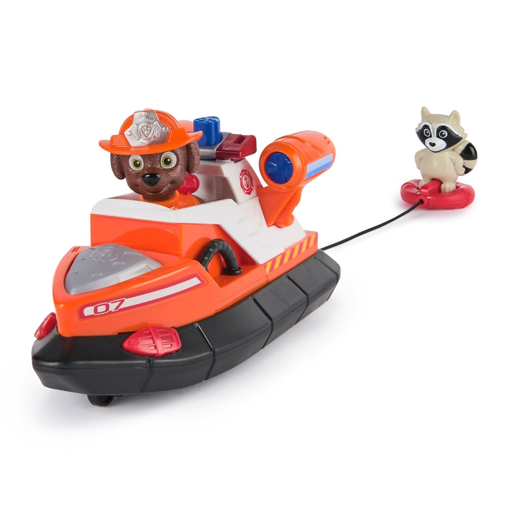 Toy boat with a dog character and a raccoon character on a white background