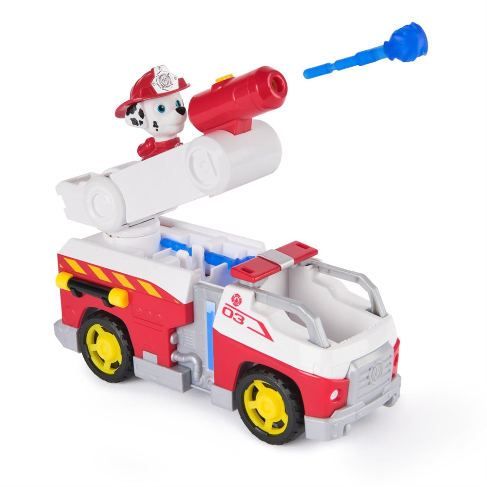 Toy fire truck with a character on top on a white background