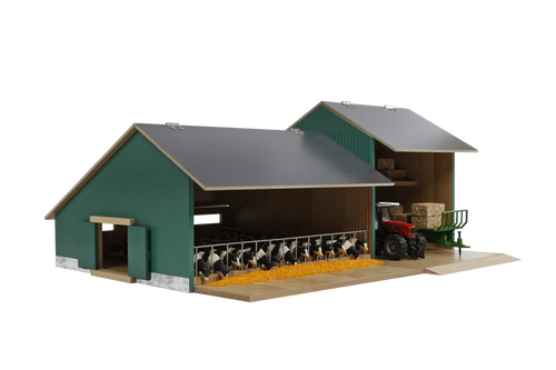 Model farm with barn, tractor, and animals on a white background