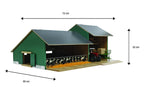 Model of a barn with dimensions indicated on a white background