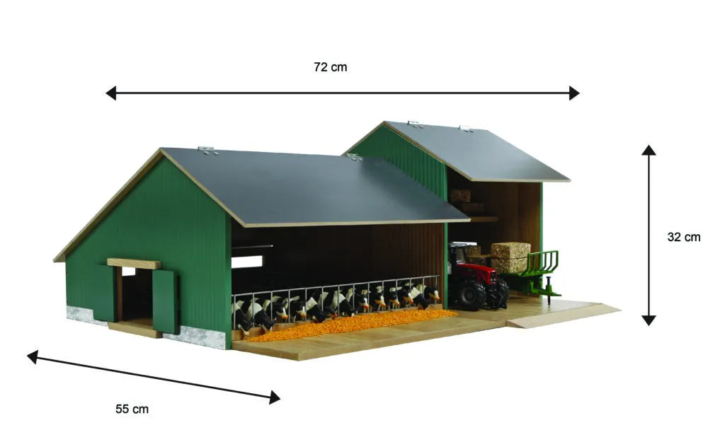 Model of a barn with dimensions indicated on a white background
