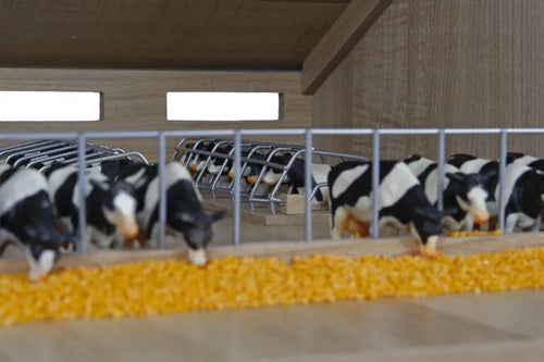 Cows in a barn eating from a trough with yellow feed.
