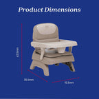 A beige and white plastic baby high chair shown on a blue background with red dimension lines and text reading 'Product Dimensions' and measurements 43.5mm, 35.