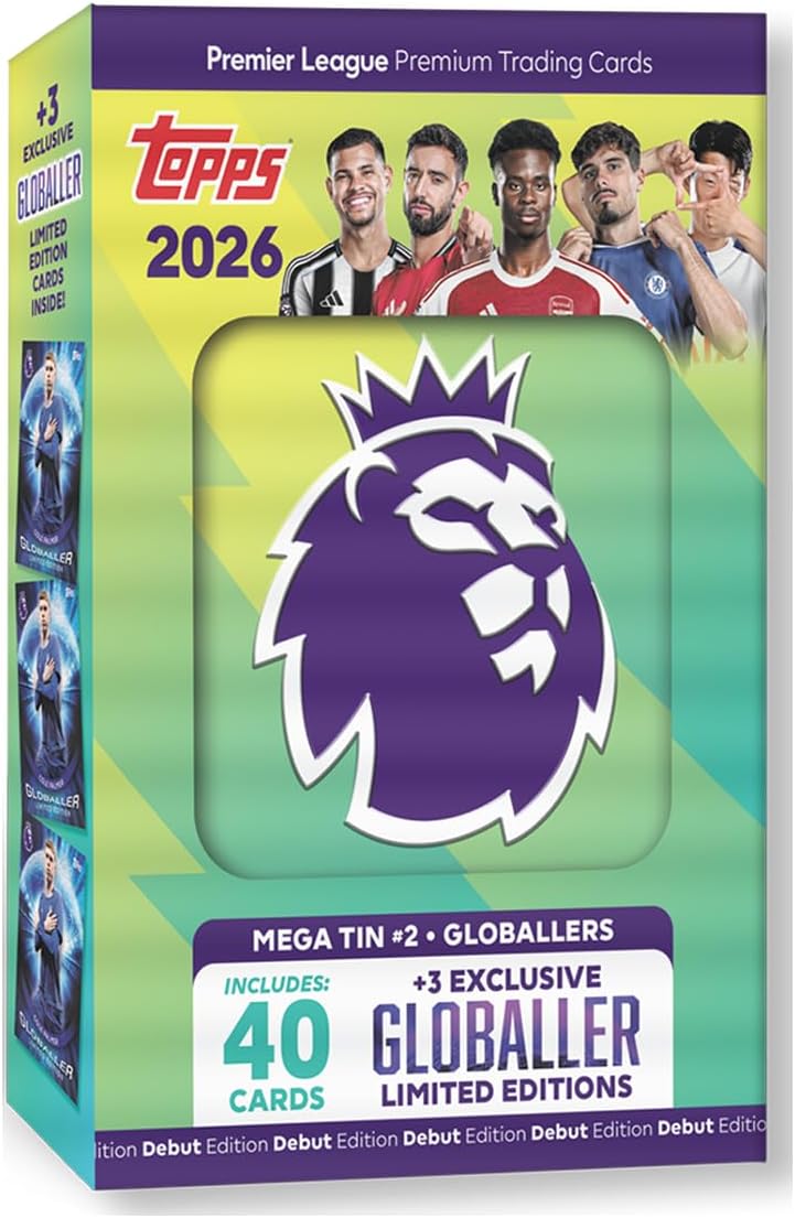Topps Premier League 2026 trading card pack with player images and branding.