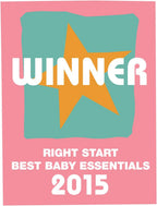 A flat graphic award-style badge with a pink background, a teal irregular square, a large orange star, and white text reading “WINNER” and “RIGHT START BEST BABY ESSENTIALS 2015.”.