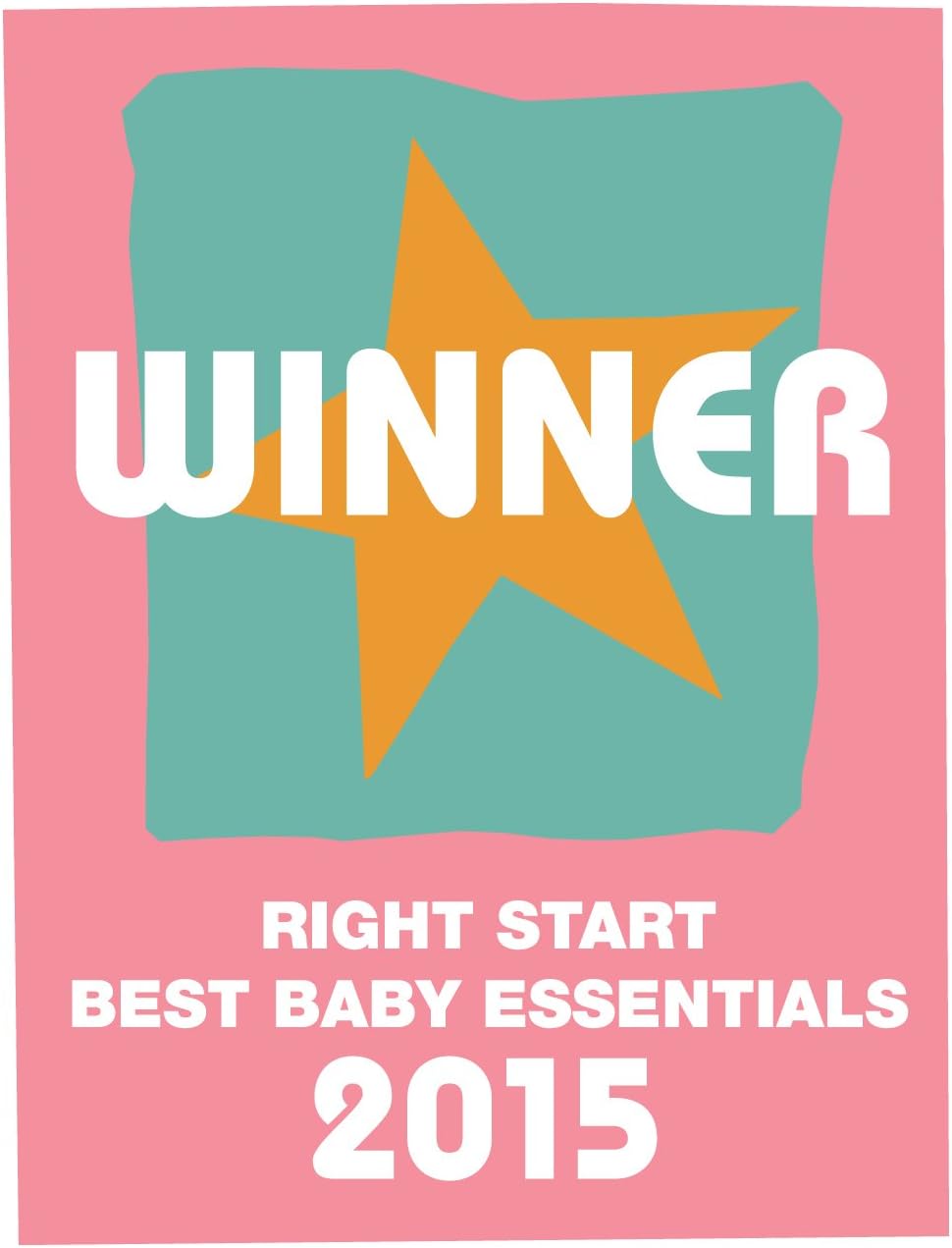 A flat graphic award-style badge with a pink background, a teal irregular square, a large orange star, and white text reading “WINNER” and “RIGHT START BEST BABY ESSENTIALS 2015.”.