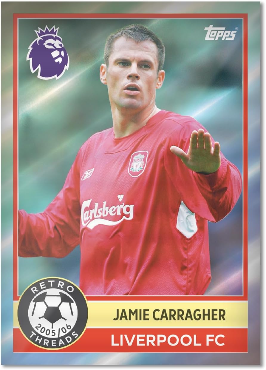 Soccer trading card of Jamie Carragher in a red Liverpool jersey with team logo.