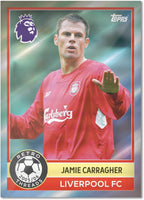 Soccer trading card of Jamie Carragher in a red Liverpool jersey with team logo.