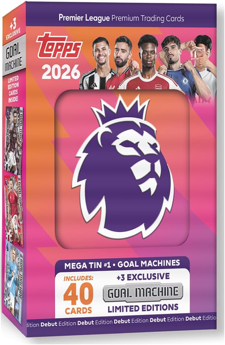 Topps Premier League 2026 Goal Machines Mega Tin with 40 cards and 3 limited edition Goal Machine inserts