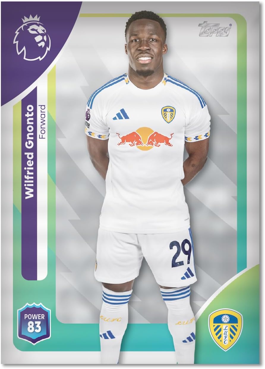 Soccer player card with Wilfried Gomanto in a white uniform, featuring club logos and player stats.