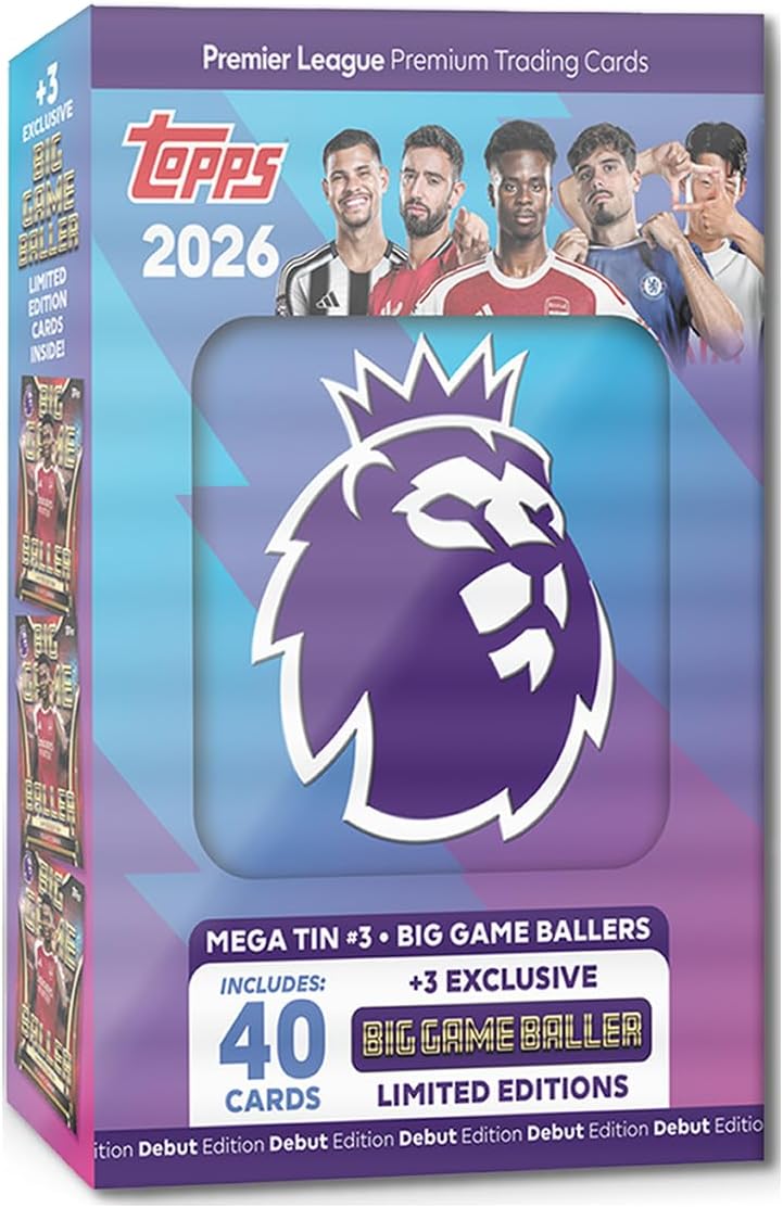 Topps Premier League 2026 Big Game Baller Mega Tin with 40 cards and 3 limited edition Big Game Baller inserts