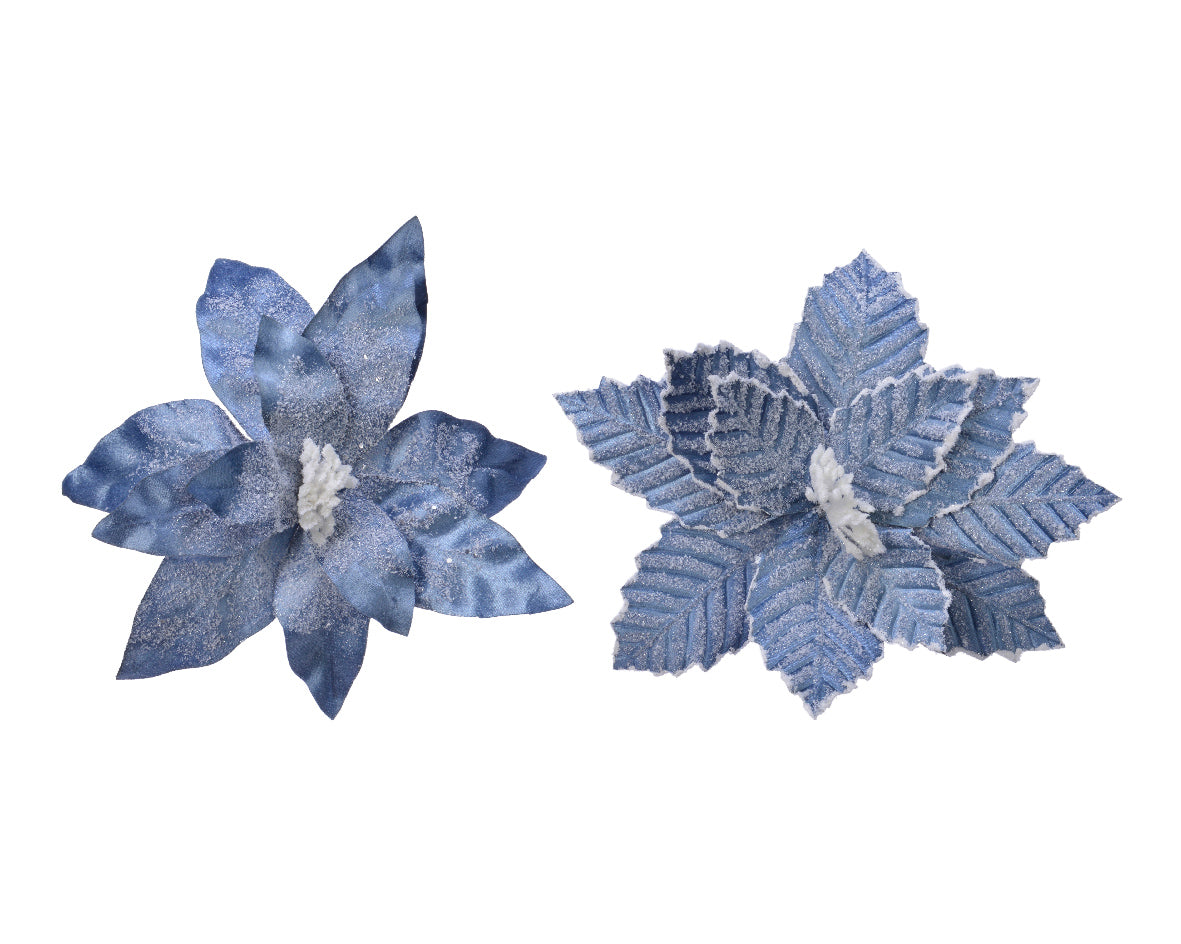 Two blue decorative flowers on a white background