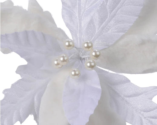 Winter white velvet poinsettia clip with artificial fur and pearls