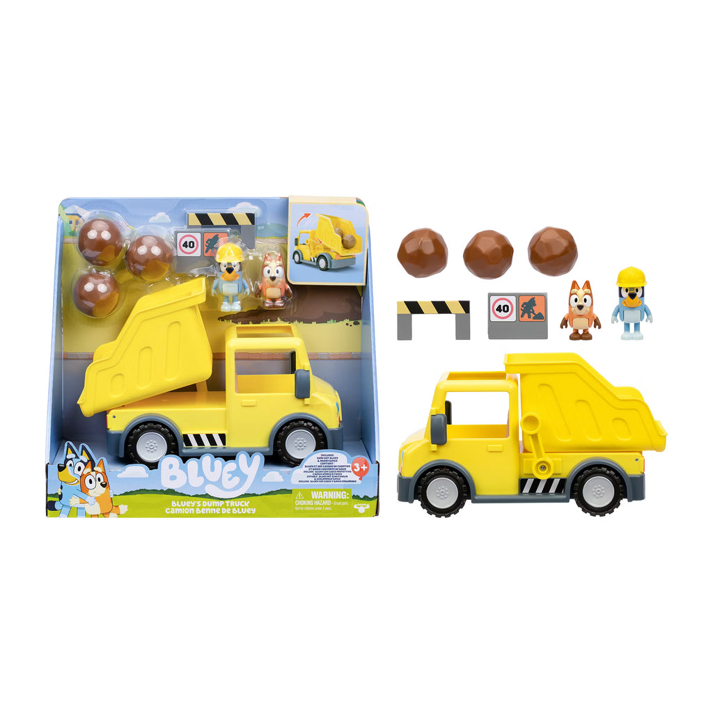 Bluey Dump Truck Playset – Hard-Hat Bluey & Muddy Bingo Figures