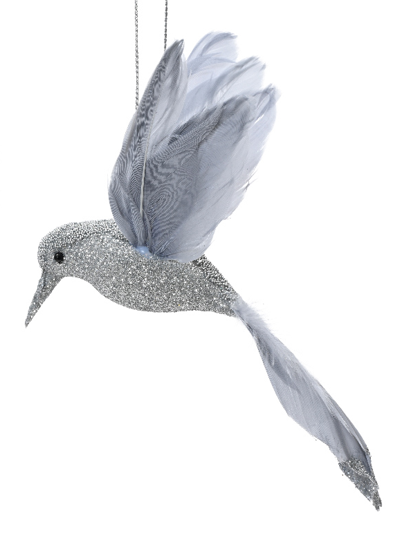 Decorative bird ornament with glittery body and feathered wings on a white background
