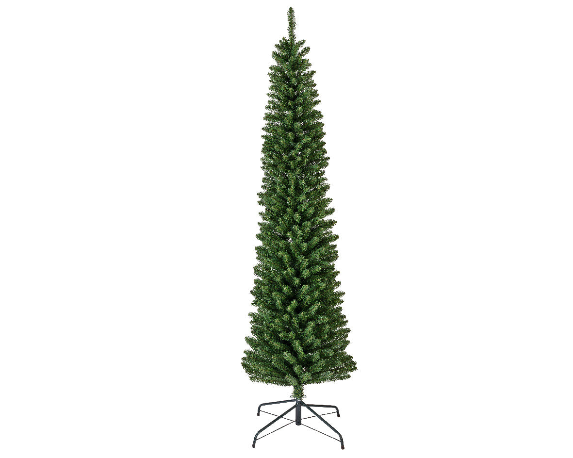 Everlands Pencil Pine Christmas tree, 7 ft tall, 574 soft‑PVC tips, slim profile, hinged branches with folding metal stan
