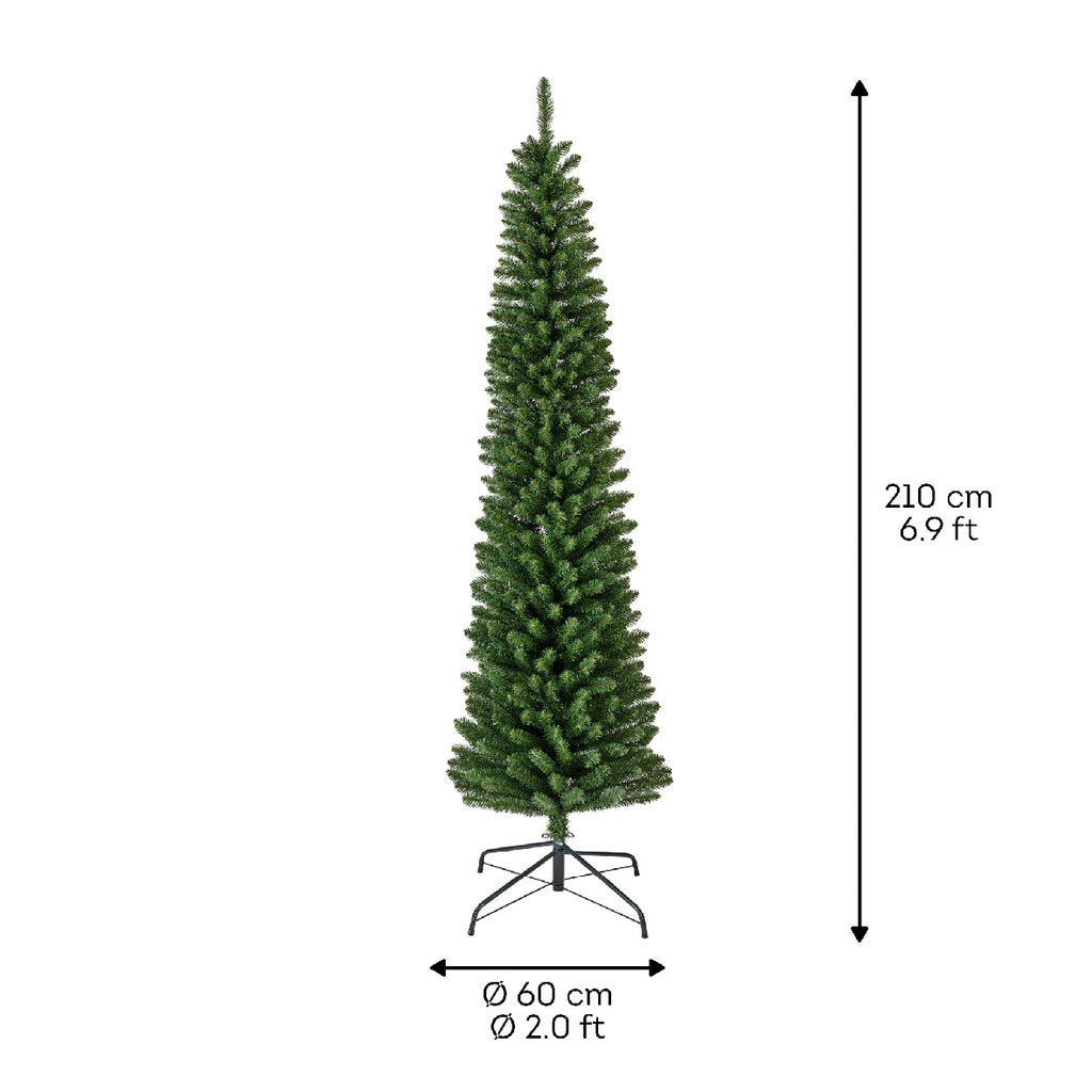 Everlands Pencil Pine Christmas tree, 7 ft tall, 574 soft‑PVC tips, slim profile, hinged branches with folding metal stan