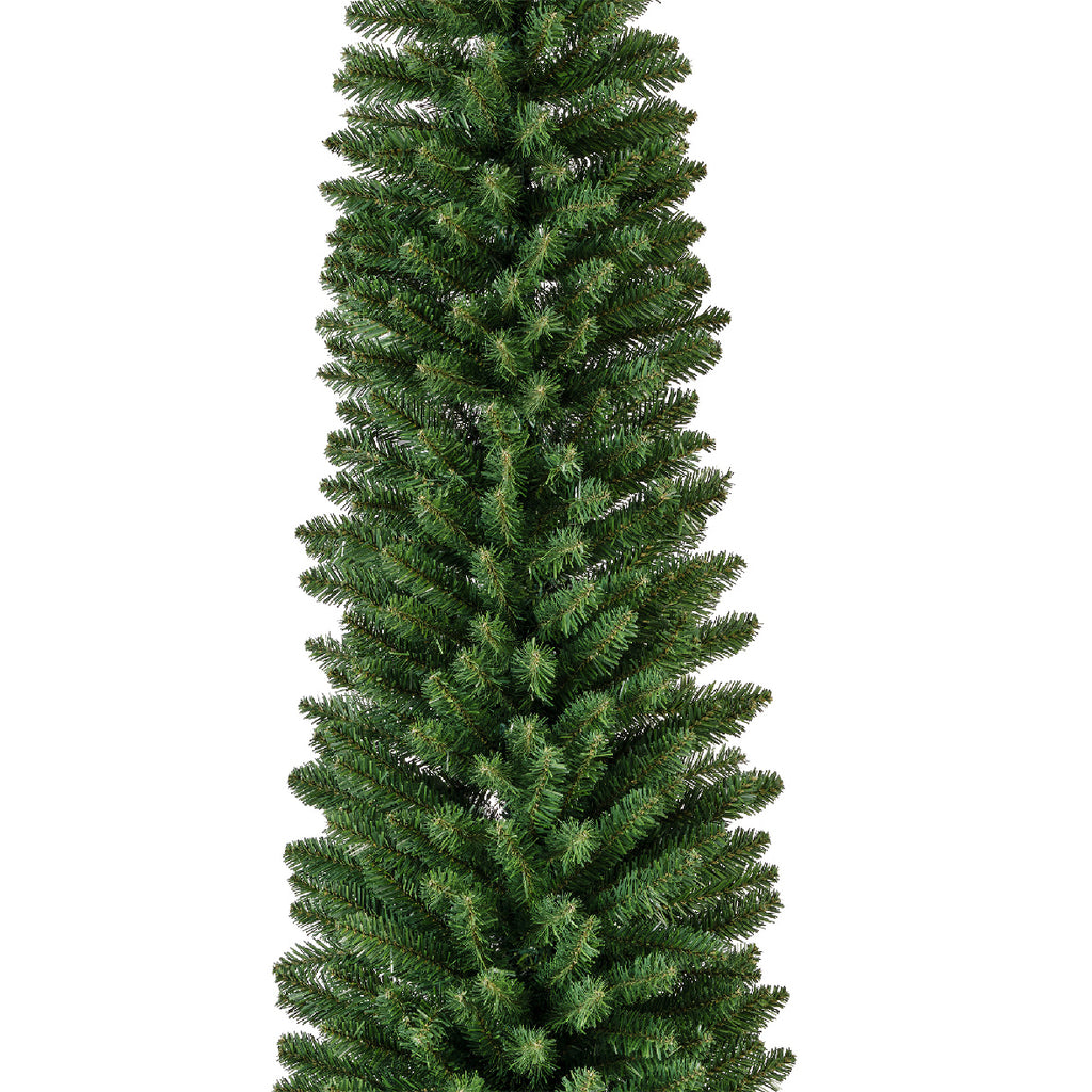 Everlands Pencil Pine Christmas tree, 7 ft tall, 574 soft‑PVC tips, slim profile, hinged branches with folding metal stan