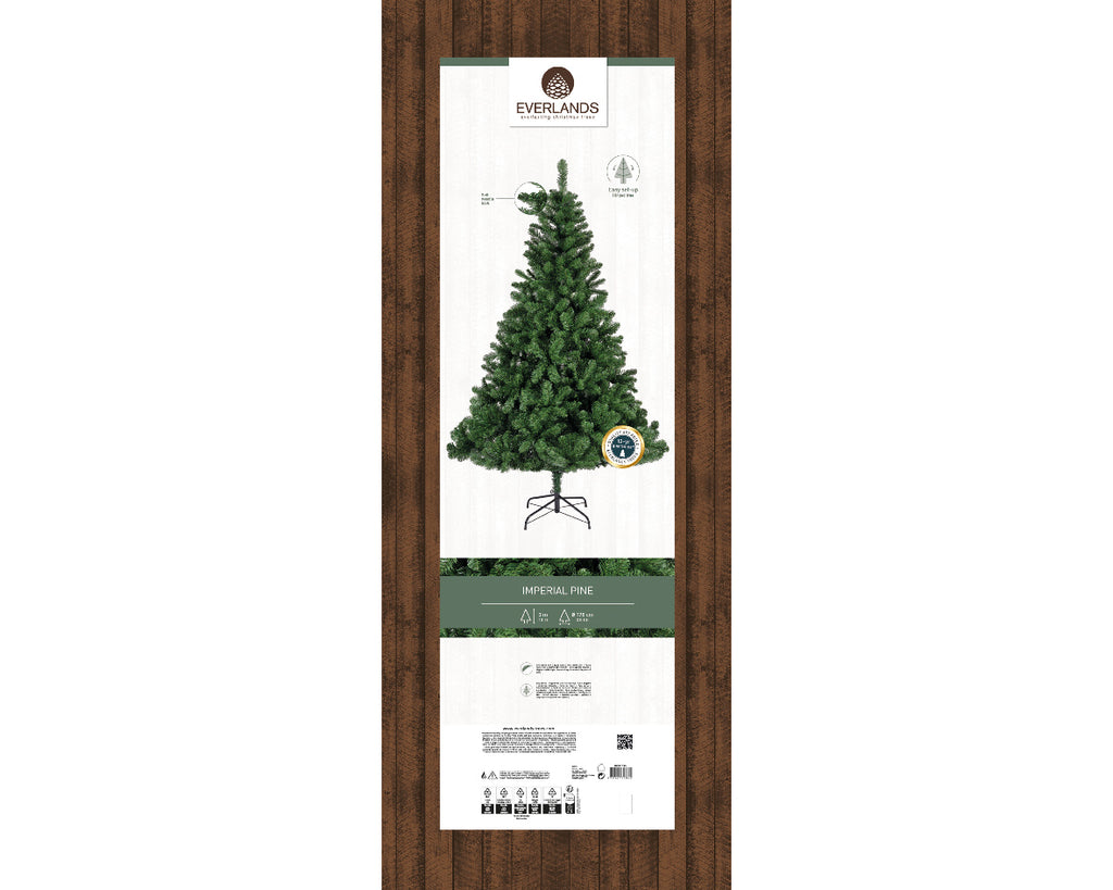 Everlands Imperial Pine Christmas tree, 5ft to 10ft tall, flame‑retardant hinged PVC branches with metal stand — safe, easy, mess‑free
