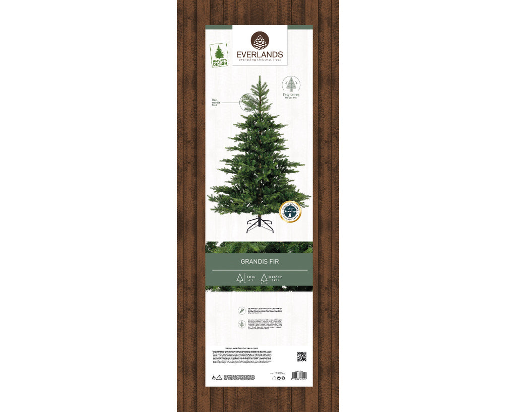 Everlands Grandis Fir artificial Christmas tree, realistic PE/PVC layered tips, available in 6 ft, 7 ft, and 8 ft with hinged branches & metal stand