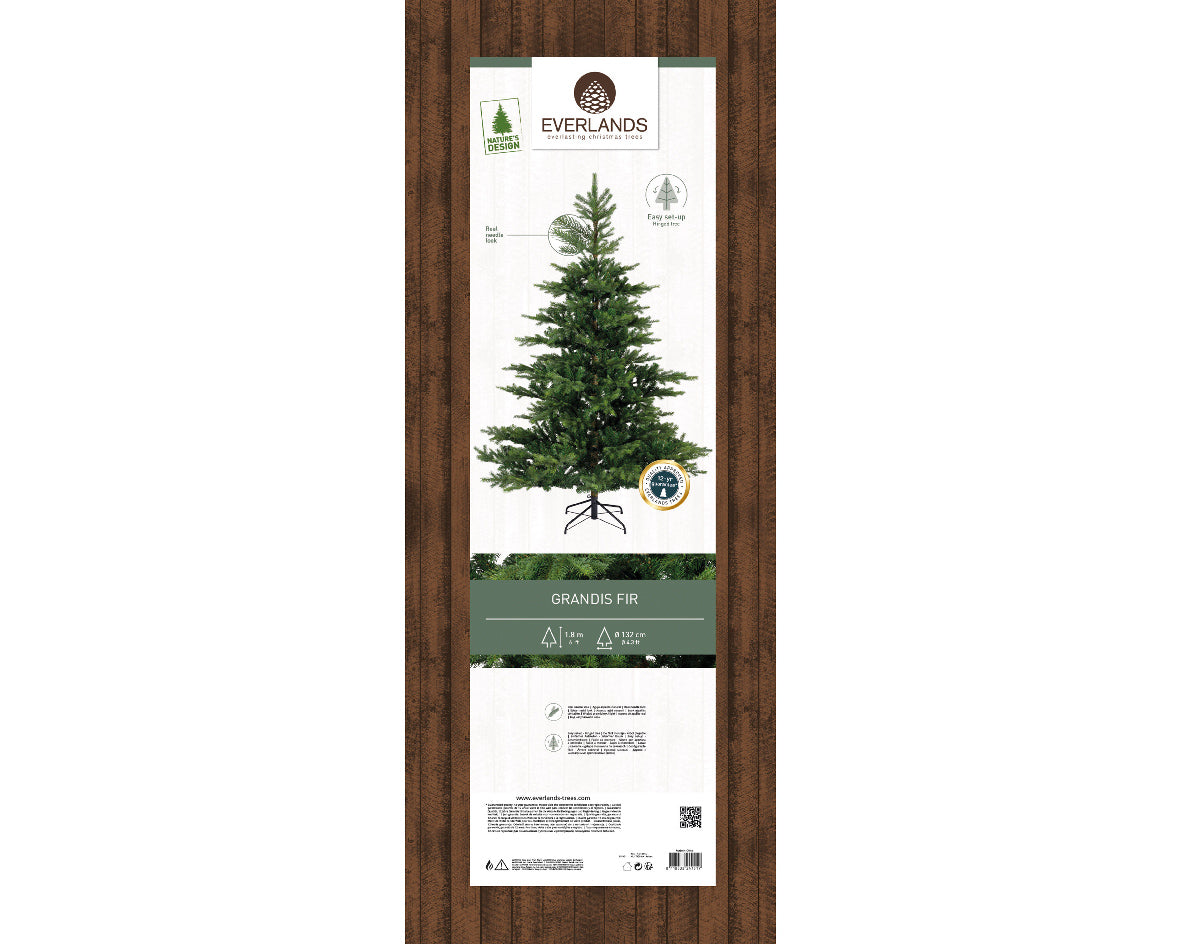 Everlands Grandis Fir artificial Christmas tree, realistic PE/PVC layered tips, available in 6 ft, 7 ft, and 8 ft with hinged branches & metal stand