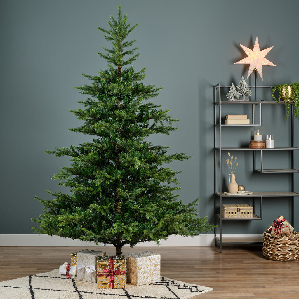 Everlands Grandis Fir artificial Christmas tree, realistic PE/PVC layered tips, available in 6 ft, 7 ft, and 8 ft with hinged branches & metal stand