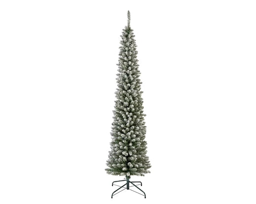 Everlands Snowy Pencil Pine artificial tree—slim profile, frosted PVC needles, available in 7 ft,  with easy hinged setup