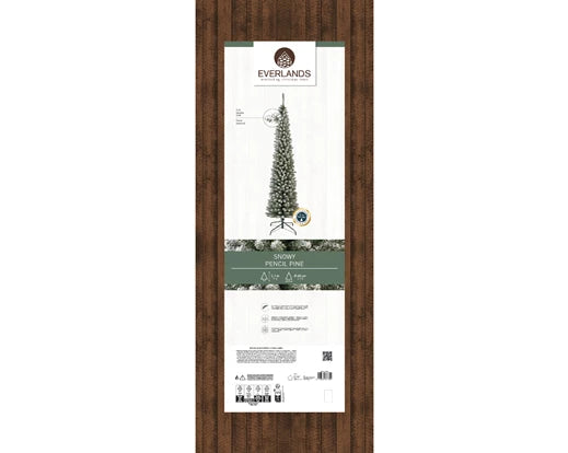 Everlands Snowy Pencil Pine artificial tree—slim profile, frosted PVC needles, available in 7 ft,  with easy hinged setup