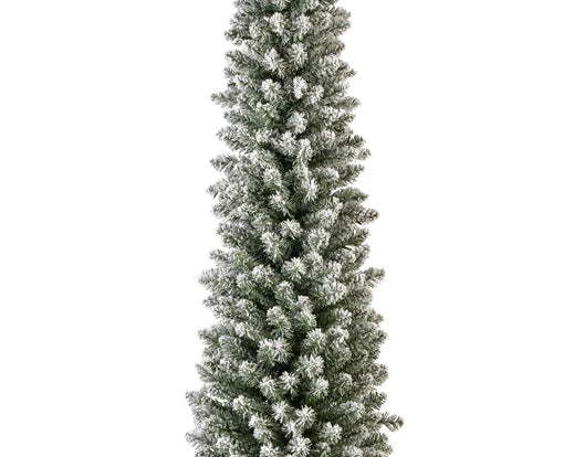Everlands Snowy Pencil Pine artificial tree—slim profile, frosted PVC needles, available in 7 ft,  with easy hinged setup