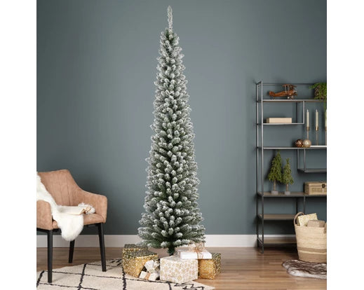 Everlands Snowy Pencil Pine artificial tree—slim profile, frosted PVC needles, available in 7 ft,  with easy hinged setup