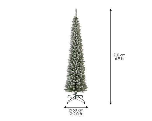 Everlands Snowy Pencil Pine artificial tree—slim profile, frosted PVC needles, available in 7 ft,  with easy hinged setup