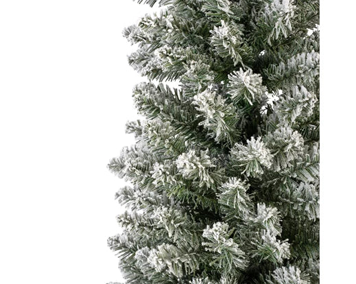 Everlands Snowy Pencil Pine artificial tree—slim profile, frosted PVC needles, available in 7 ft,  with easy hinged setup