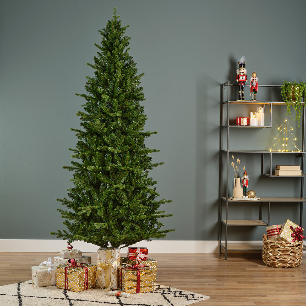 Killington Fir artificial Christmas tree, realistic PVC needles, available in 5 ft, 6 ft, 7 ft, easy hinged assembly with stand